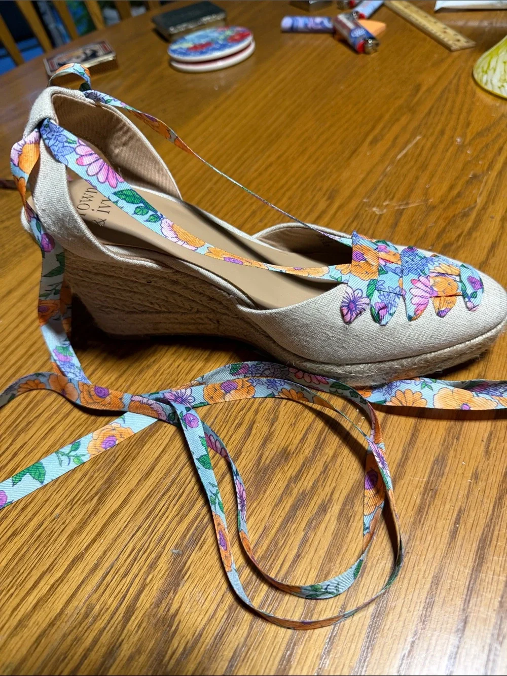 Floral Lace-Up Espadrille Wedge Sandals - Beige with Orange & Purple Floral Ties